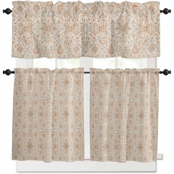Orange Boho Floral Kitchen Curtains and Valances Set, Rod Pocket Curtains Tier Farmhouse Window Curtains 24 Inch Length, Rustic Southwest Ethnic Tribal 3 Piece Kitchen Curtains Set