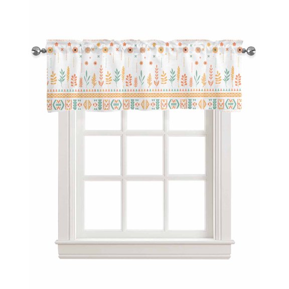 Orange Boho Floral Linen Curtain Valance for Bedroom/Bathroom/Kitchen/Living/Dining Room Window,Botanical Mexican Aztec Geometric Stripe Pocket Topper Drapes Decorative Cafe Drapery Panel 54"x18"