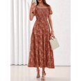 thumbnail image 1 of Orange Boho Floral Maxi Dress Square Neck Short Sleeve Smocked Waist, 1 of 27