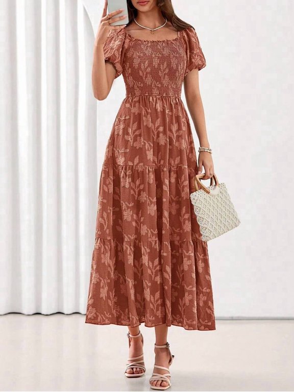 Orange Boho Floral Maxi Dress Square Neck Short Sleeve Smocked Waist