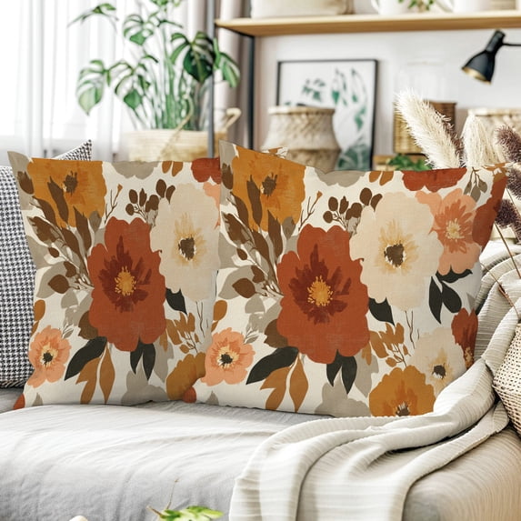 Orange Boho Floral Pillow Covers 18x18 Set of 2, Linen Look Polyester Throw Pillow Covers, Machine Washable Cushion Covers for Sofa Couch Bed Decor, No Inserts