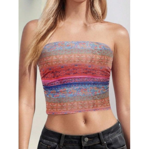 Orange Boho Floral Print Strapless Tube Top Crop Top For Women