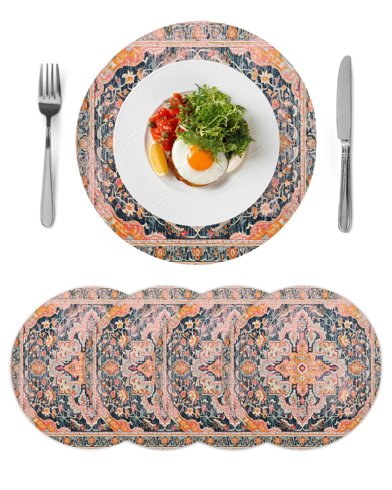 Orange Boho Floral Round Table Placemats set of 4, Medieval Vintage ...