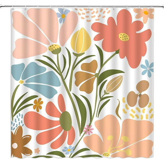 Orange Boho Floral Shower Curtain Abstract Watercolor Flowers Retro Aesthetic Decorative Bathroom Curtains with Hooks Add a Pop of Color to Your Bath