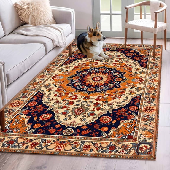Orange Boho Flower Area Rug 4x6 FT, Non Slip Kids Room Carpet, Traditional Oriental Tribal Ethnic Washable Soft Floor Carpet Non-Shedding Throw Rug for Dorm Kitchen Study Room Home Office Bedside