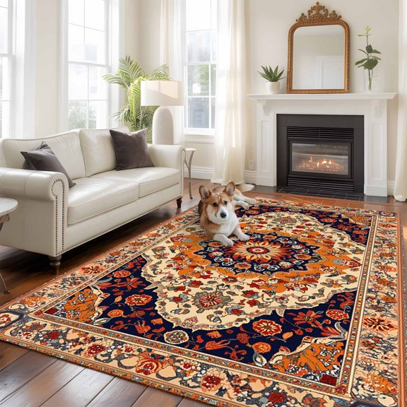 Orange Boho Flower Area Rug 5x8 FT, Non Slip Bedroom Throw Carpet, Traditional Oriental Tribal Ethnic Washable Soft Floor Carpet Non-Shedding Rug for Living Room Nursery Dorm Office