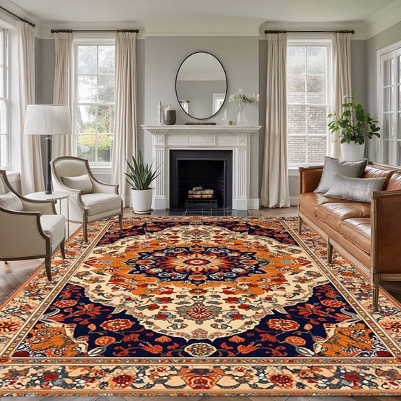 Orange Boho Flower Area Rug 6x9 FT, Non Slip Living Room Throw Carpet, Traditional Oriental Tribal Ethnic Washable Soft Large Floor Carpet Non-Shedding Rug for Bedroom Dining Room Play Room