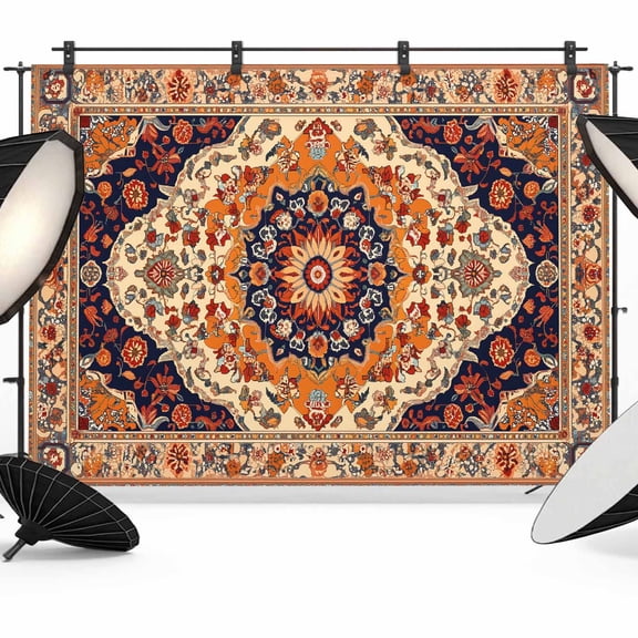 Orange Boho Flower Backdrop for Photoshoot,Photography Photo Studio Background Wall Backdrop,Traditional Oriental Tribal Ethnic Back Drop Banner Panel for Portraits Wedding Live Streaming 12x8Ft