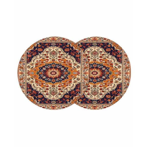 Orange Boho Flower Round Placemats Set of 2 for Dinning Tables,Heat-proof Braided Table Mats 15 Inch,Traditional Oriental Tribal Ethnic Washable Place Mat for Kitchen Restaurant Party Table Decor