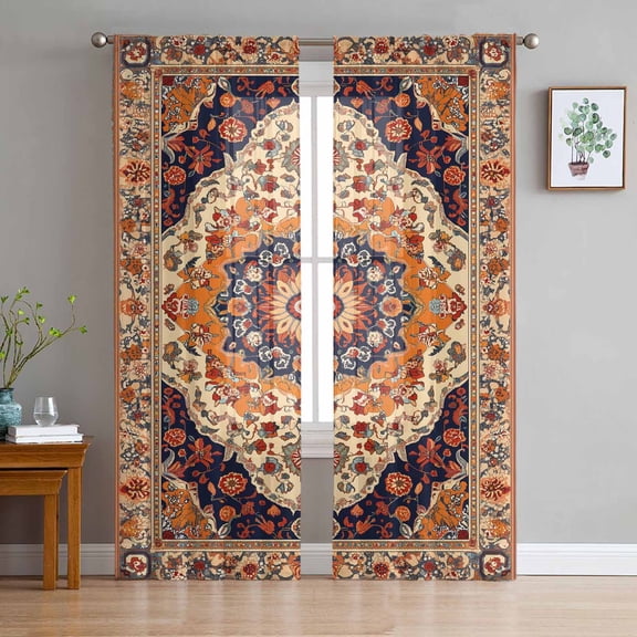 Orange Boho Flower Sheer Curtains 96 Inch Length 2 Panels Set for Living Room/Bedroom, Traditional Oriental Tribal Ethnic Semi Curtain Sheers Drapes Rod Pocket Curtains Window Treatment 52''x96''x2