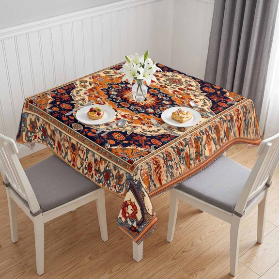Orange Boho Flower Table Cloth Waterproof Tablecloths, Traditional Oriental Tribal Ethnic Tablecloth Dining Table Cover for Kitchen Party Tabletop Outdoor, Square Tablecloth 54x54 Inch