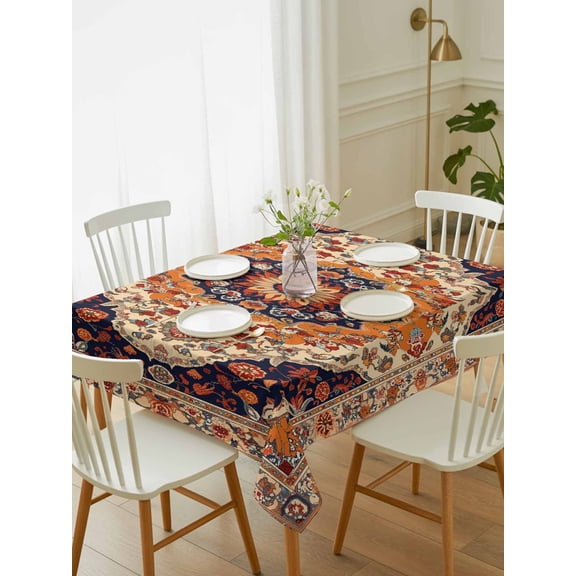 Orange Boho Flower Tablecloth Rectangle Table Cloth 60x102, Waterproof Tablecloth Outdoor Table Cloth, Traditional Oriental Tribal Ethnic Washable Table Cover for Kitchen Dinning Party