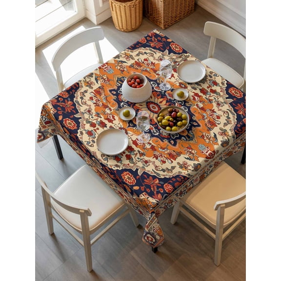 Orange Boho Flower Tablecloth Square Table Cloth 54x54, Waterproof Tablecloth Outdoor Table Cloth, Traditional Oriental Tribal Ethnic Washable Table Cover for Kitchen Dinning Party