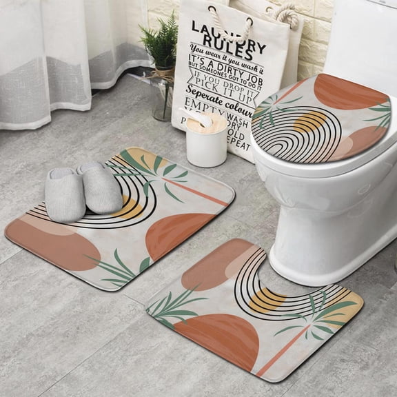 Orange Boho Geometric and Plant Pattern (2) Bathroom Rugs Sets 3 Piece,Toilet Cover Set,Absorbent Non Slip Bathroom Mats Sets with U-Shaped Contour Rug Toilet Rug Set