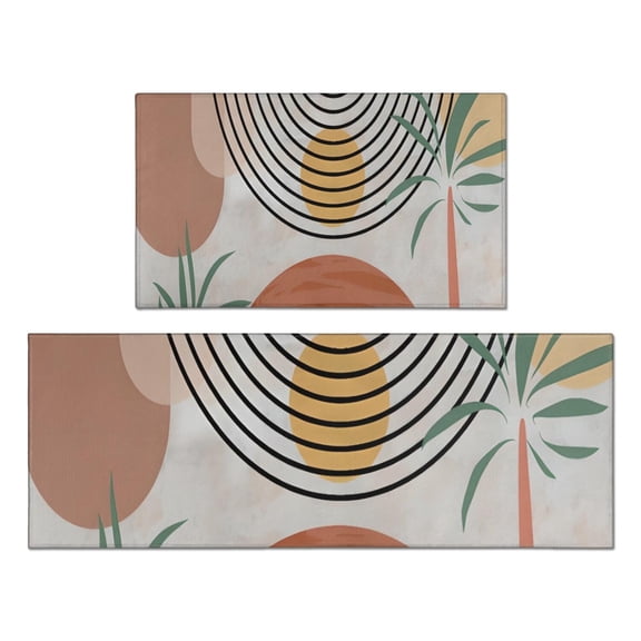 Orange Boho Geometric and Plant Pattern (2) Kitchen Rugs Sets Of 2,Anti Fatigue Kitchen Mat Rugs Non Slip Washable,Decorative Kitchen Floor Mats for Kitchen,Sink,Laundry,17"x30"+17"x47"