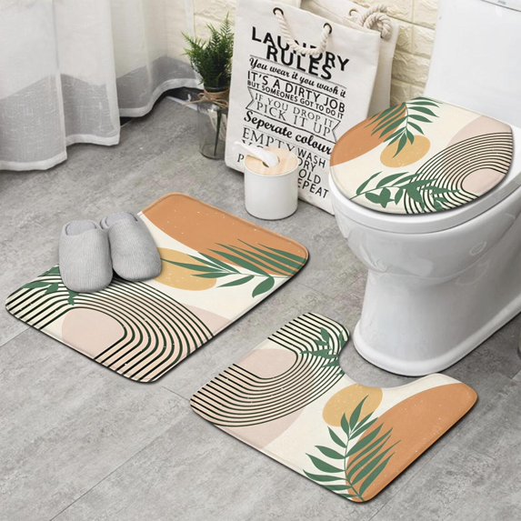 Orange Boho Geometric and Plant Pattern Bathroom Rugs Sets 3 Piece,Toilet Cover Set,Absorbent Non Slip Bathroom Mats Sets with U-Shaped Contour Rug Toilet Rug Set