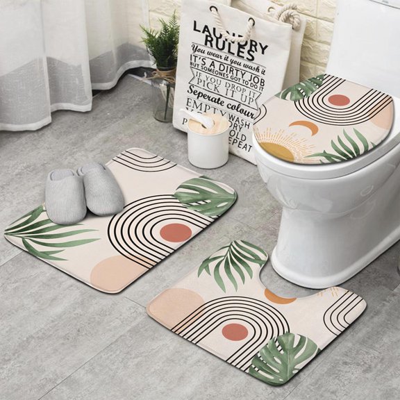 Orange Boho Geometric and Plant Pattern Bathroom Rugs Sets 3 Piece,Toilet Cover Set,Absorbent Non Slip Bathroom Mats Sets with U-Shaped Contour Rug Toilet Rug Set