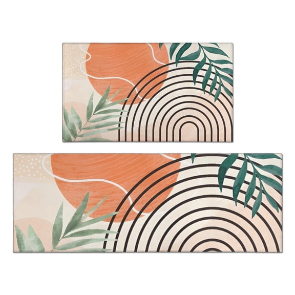 Orange Boho Geometric and Plant Pattern Kitchen Rugs Sets Of 2,Anti Fatigue Kitchen Mat Rugs Non Slip Washable,Decorative Kitchen Floor Mats for Kitchen,Sink,Laundry,17"x30"+17"x47"