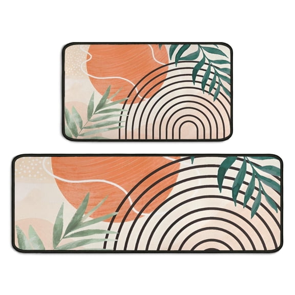 Orange Boho Geometric and Plant Pattern Kitchen Rugs Sets Of 2,Anti Fatigue Kitchen Mat Rugs Non Slip Washable,Decorative Kitchen Floor Mats for Kitchen,Sink,Laundry,17"X30"+17"X47"
