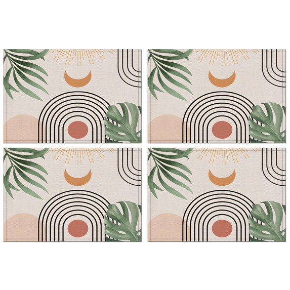Orange Boho Geometric and Plant Pattern Summer Placemats Table Placemats Set Of 4-Linen Kitchen Washable Placemats Table Mats 11.8"x17.7" Non-Slip Heat Resistant