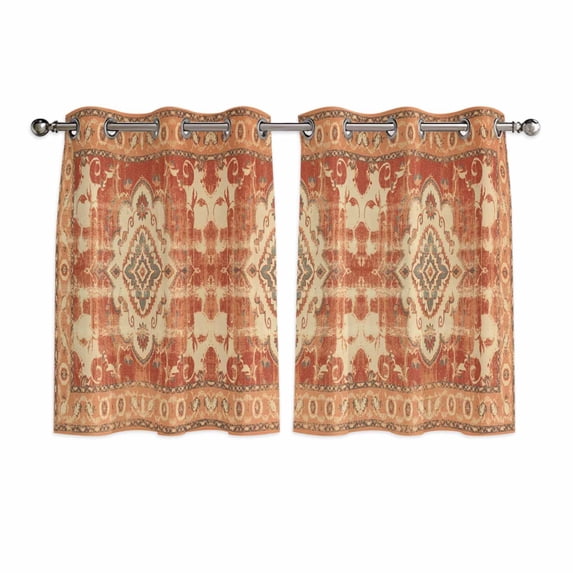 Orange Boho Kitchen Curtains Short 45 Inch Length, Geometric Antique Tribal Retro Ethnic Grommet Top Bedroom Living Room Curtains, Light Filtering Cafe Curtain Drapes 2 Panels Set 84''x45''
