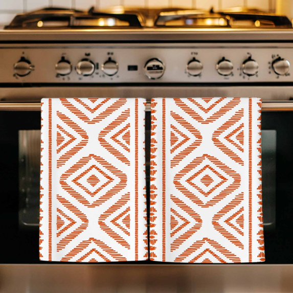 Orange Boho Kitchen Towels Set of 1, Vintage Southwestern Geometric Stripes Absorbent Dish Towels for Kitchen, Microfiber Hand Towel, Quick Drying Tea Towel for Cleaning Decorative Dishcloths