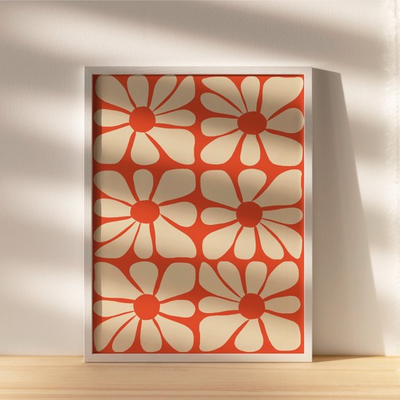 Orange Boho Mid Century Wavy Flower Pattern Poster, 70s Funky Hippie Wall Art Print