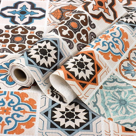 Orange Boho Non-Adhesive Shelf Liner for Kitchen Cabinets Decorative Geometric Tile Drawer Liner,Non Slip Waterproof Cabinet Liner for Shelves,Kitchen,Bathroom,Easy to Clean,12In x 10FT