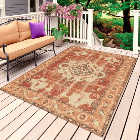Orange Boho Outdoor Rug 3x5 Ft, Non Slip Washable Area Rug, Geometric Antique Tribal Retro Ethnic Patio Rugs Carpet Runner, Large Floor Mat for Indoor/Outdoor Deck Porch Camping