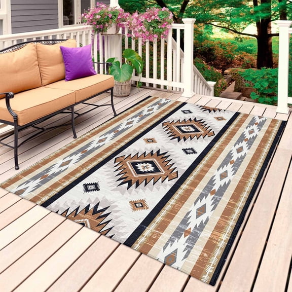 Orange Boho Outdoor Rug 3x5 Ft, Non Slip Washable Area Rug, Southwestern Ethnic Aztec Retro Geometric Patio Rugs Carpet Runner, Large Floor Mat for Indoor/Outdoor Deck Porch Camping