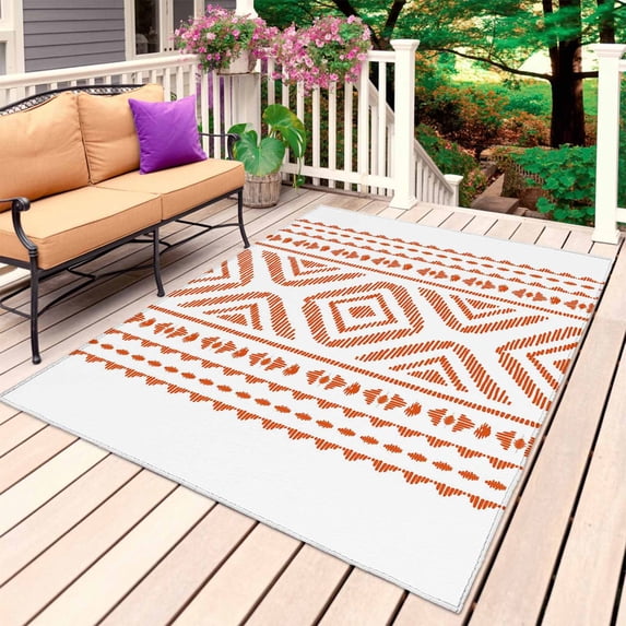 Orange Boho Outdoor Rug 3x5 Ft, Non Slip Washable Area Rug, Vintage Southwestern Geometric Stripes Patio Rugs Carpet Runner, Large Floor Mat for Indoor/Outdoor Deck Porch Camping