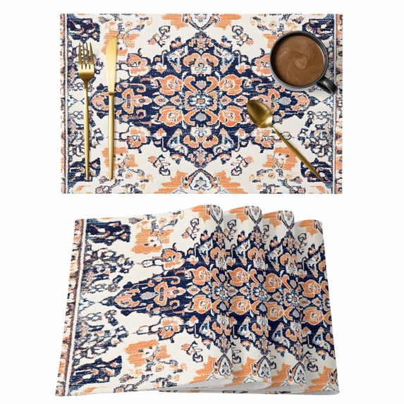 Orange Boho Placemats Set of 12 Abstract Art Vintage Ethnic Tribe Place Mats Indoor Wipeable Table Mats Washable Cloth Dining Table Placemats for Kitchen Holiday Party Home Decor 13x19 Inch