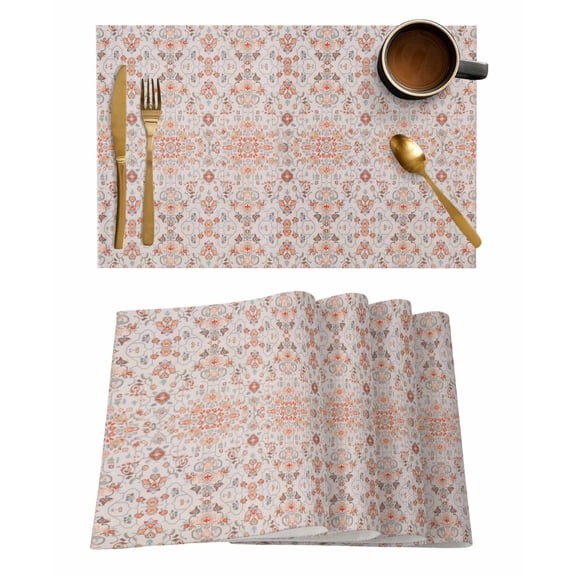 Orange Boho Placemats Set of 4, Vintage Southwestern Ethnic Mexican Floral Placemats for Dining Table, Place Mats for Kitchen Tabletop, Waterproof Wipeable Dining Table Mats Set