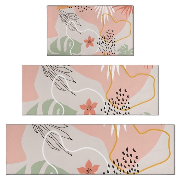 Orange Boho Plant Pattern Kitchen Rugs Sets Of 3,Kitchen Runner Rugs Non Skid Washable,Decorative Kitchen Floor Mats for Kitchen,Sink,Laundry,17"x30"+ 17"x47" + 17"x59"