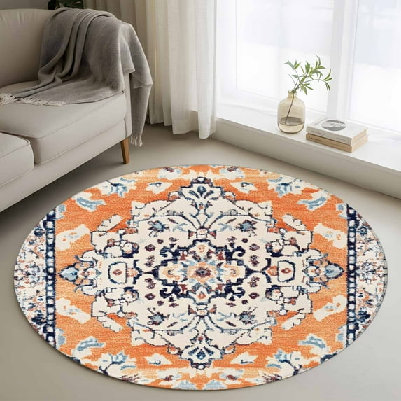 Orange Boho Round Rug 3.3ft Washable Circle Entryway Rugs Non Slip Vintage Ethnic Tribe Abstract Art Area Rug Indoor Floor Carpet for Bedroom Kitchen Living Room Home Office Dining Room Nursery