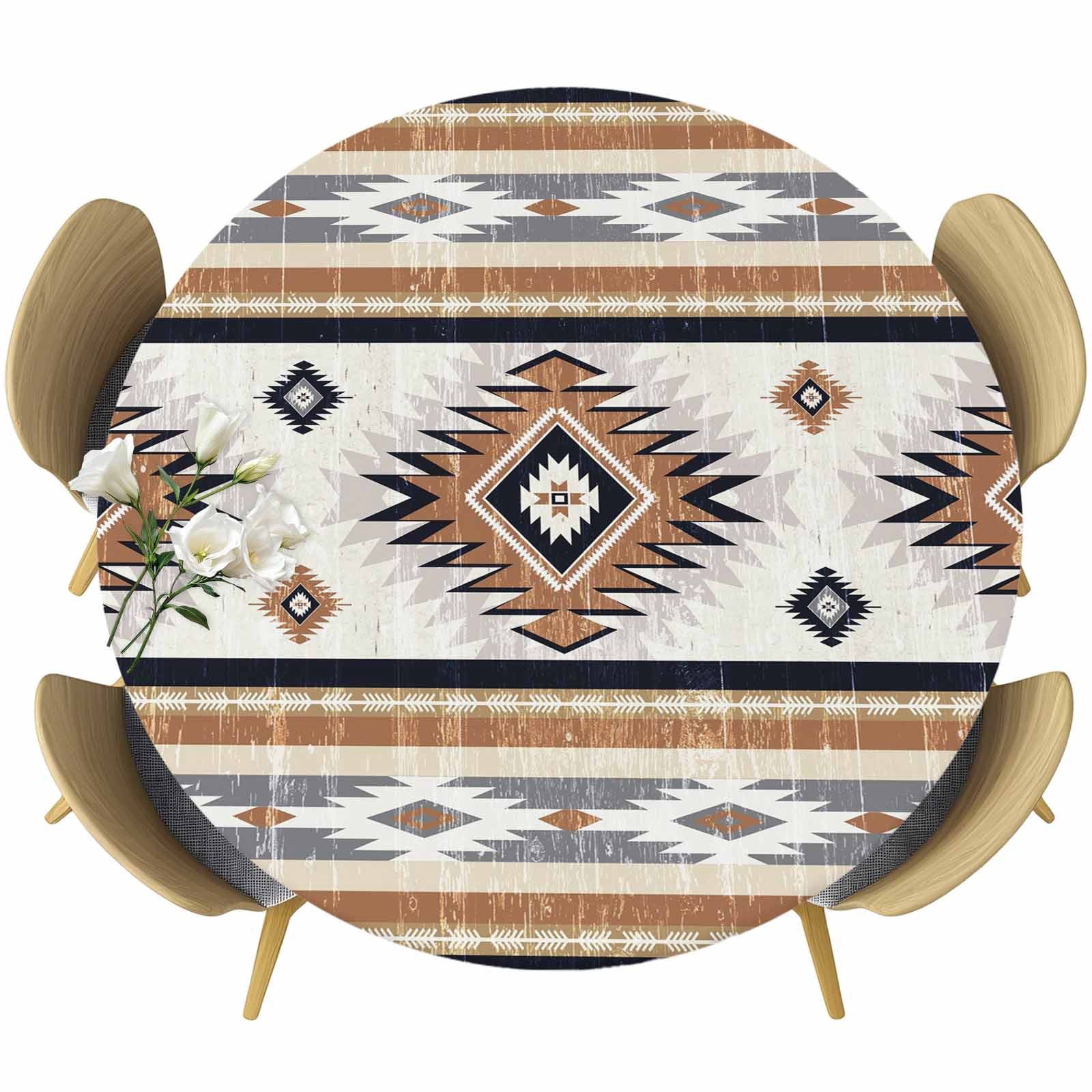 Orange Boho Round Tablecloth 55-60 Inch Round Fitted Table Cloth with Elastic Edge, Geometric Aztec Southwestern Striped Waterproof Table Cover Protector for Outdoor Picnic Party Dining