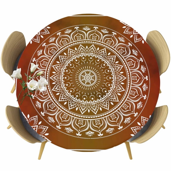 Orange Boho Round Tablecloth, Fitted Table Cover with Elastic for 45"-54" Round Tables, Country Vintage Ethnic Abstract Geometric Table Cloth Outdoor Indoor Dinning Party Waterproof Tablecloths