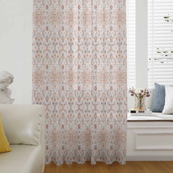Orange Boho Semi Sheer Curtains Drapes for Living Room, Bedroom, French Doors Window 54 Inches Long, Vintage Southwestern Ethnic Mexican Floral Rod Pocket Chiffon Curtain Drapery Voile Drape Panel