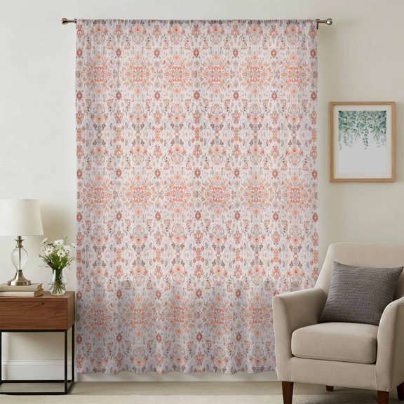 Orange Boho Sheer Curtains 45 Inches Long, Vintage Southwestern Ethnic Mexican Floral Light Filering Curtains, Breathable Simi Curtain Privacy Drapes for Kitchen Bathroom Small Window Treatment