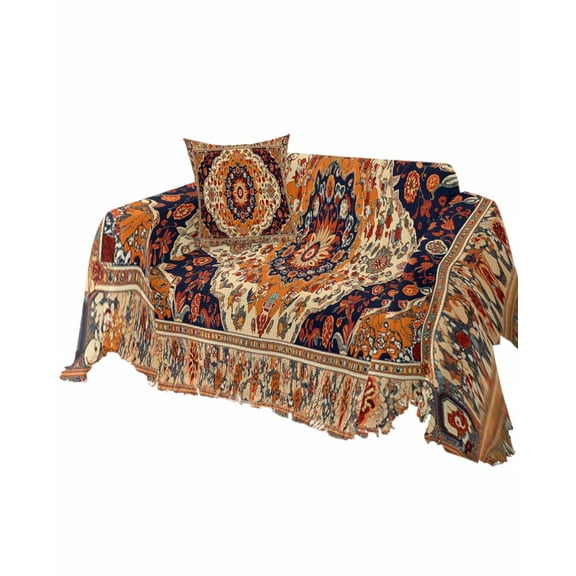 Orange Boho Sofa Couch Covers for Dogs, Washable Sectional Couch Slipcovers for Loveseat with Tassels, Vintage Ethnic Geometric Abstract Non Slip Sofa Throw Cover Blanket L 71''x102''