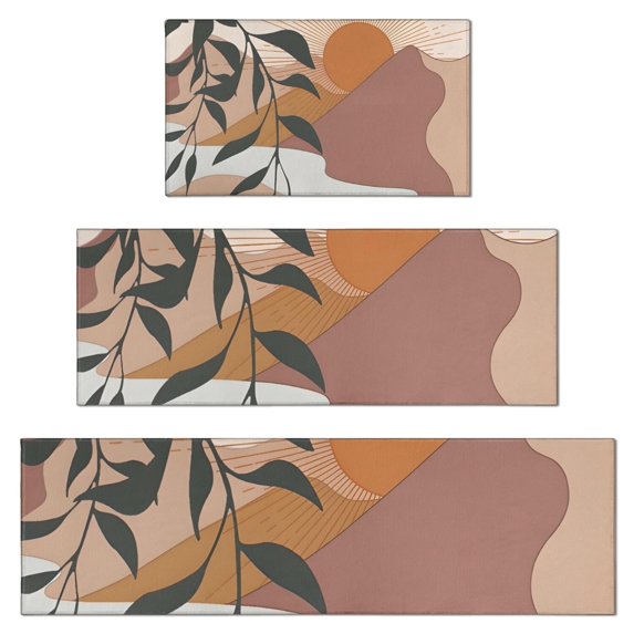Orange Boho Sun, Mountain and Plant Pattern Kitchen Rugs Sets Of 3,Kitchen Runner Rugs Non Skid Washable,Decorative Kitchen Floor Mats for Kitchen,Sink,Laundry,17"x30"+ 17"x47" + 17"x59"