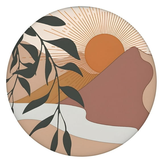 Orange Boho Sun, Mountain and Plant Pattern Round Fitted Tablecloth with Elastic Edge,Dining Table Cover Waterproof,Outdoor Round Tablecloth for Camping,Dining,Indoor and Outdoor