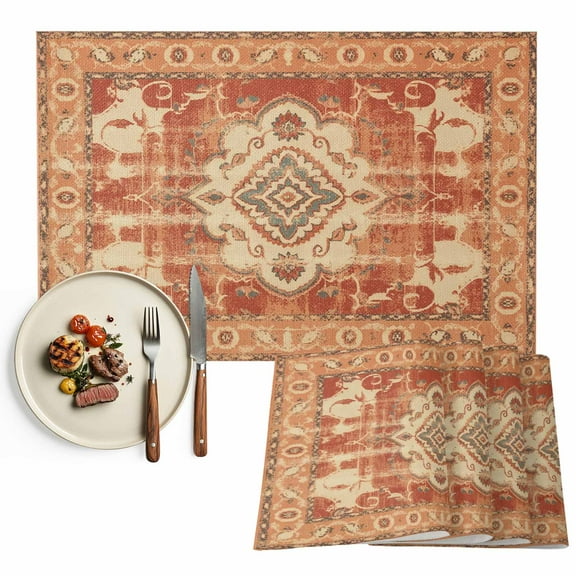 Orange Boho Texture Placemat of 1 PC, Abstract Ethnic Tribal Pattern Table Mats Washable Heat-Insulation Non-Slip Place Mats for Kitchen Dinner Table Indoor Outdoor Decor,13x19 Inch