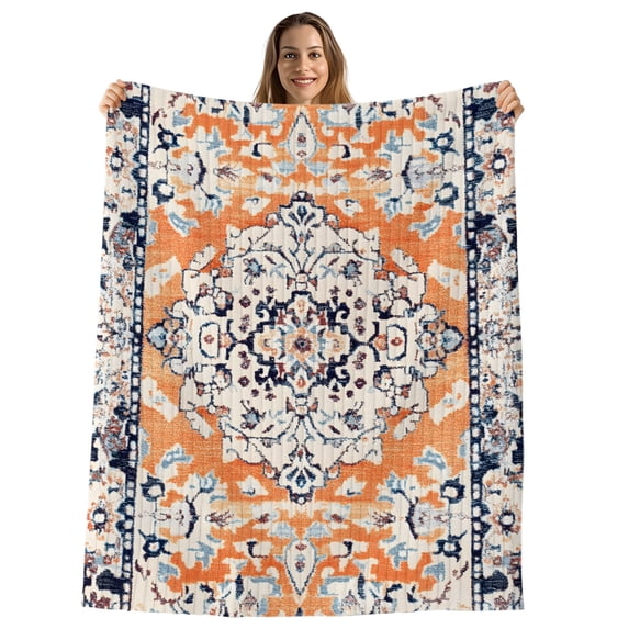 Orange Boho Throw Blanket, Flannel Fleece Blanket with Striped Design for Couch, Vintage Ethnic Tribe Abstract Art Soft Breathable All Season Plush Blankets for Loveseat Sofa Bed 60"x80"