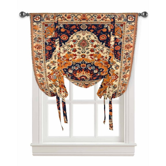 Orange Boho Tie Up Curtains for Window, Vintage Ethnic Geometric Abstract Thermal Insulted Balloon Shade Adjustable Rod Pocket Curtains Valance Panels for Kitchen Bathroom Café 34 x 45