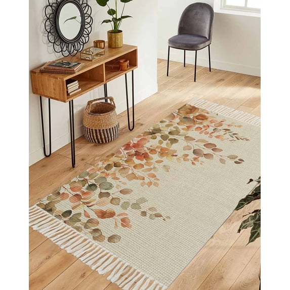 Orange Botanical Area Rug 3x5ft Woven Runner Rug,Farmhouse Leaf Fall Thanksgiving Washable Living Room Hallway Bedroom Kitchen Carpet with Tassels,Indoor Outdoor Throw Door Mat for Entryway