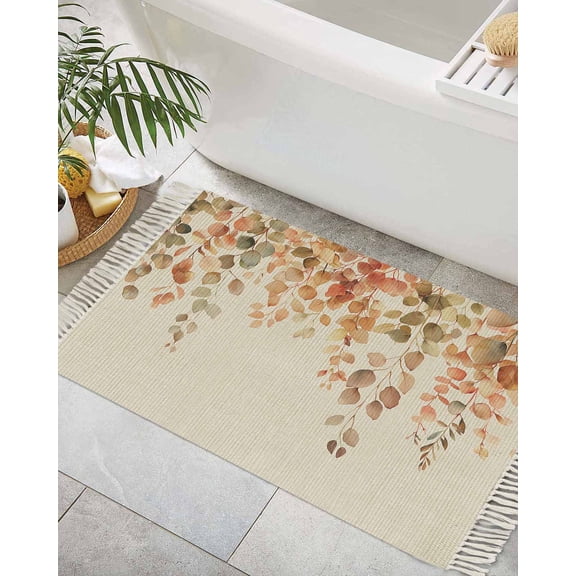 Orange Botanical Bath Rug 2x3ft Woven Bathroom Entryway Runner Rug,Farmhouse Leaf Fall Thanksgiving Washable Living Room Hallway Bedroom Kitchen Carpet with Tassels,Indoor Outdoor Throw Doormat