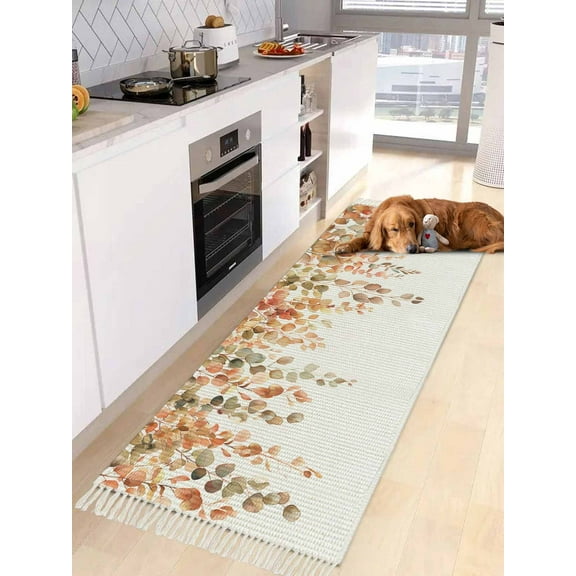 Orange Botanical Entryway Runner Rug 2x4ft,Watercolor Leaf Fall Thanksgiving Washable Woven Living Room Hallway Bedroom Kitchen Carpet with Tassels,Indoor Outdoor Throw Door Mat for Entryway