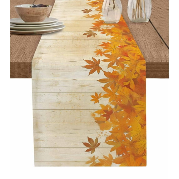 Orange Botanical Fall Burlap-Cotton Table Runner 60 Inches Long,Thanksgiving Maple Leaf Vintage Farmhouse Table Runners,Outdoor Dining Tablecloths Decor for Baby Shower Party Wedding 13x60