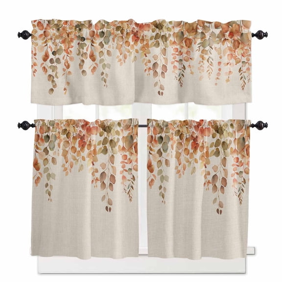 Orange Botanical Kitchen Curtains and Valances Set, 3 Piece Kitchen Curtains Set 24 Inch Length, Farmhouse Leaf Fall Thanksgiving Rod Pocket Curtains Tier Farmhouse Window Curtains